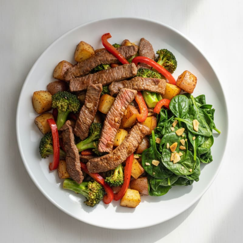 Lean Beef Stir-Fry with Mixed Vegetables and Garlic Sautéed Spinach