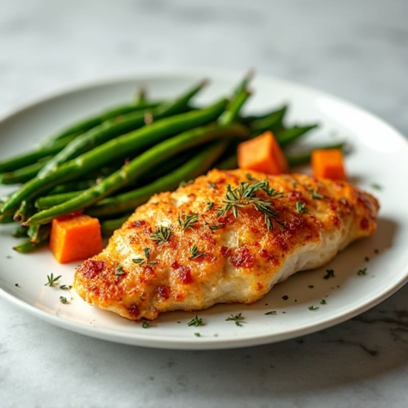 Crispy Garlic Herb Chicken with Roasted Sweet Potatoes and Green Beans