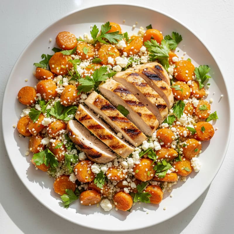 Grilled Chicken Cous Cous Salad with Roasted Carrots