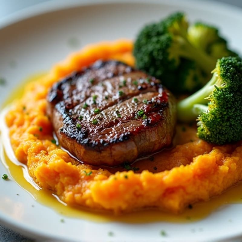 Seared Sirloin Steak with Roasted Broccoli and Sweet Potato Mash