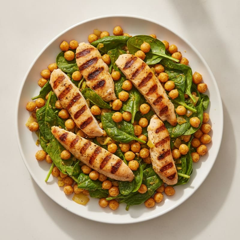 Crispy Chickpea and Spinach Scramble with Grilled Chicken