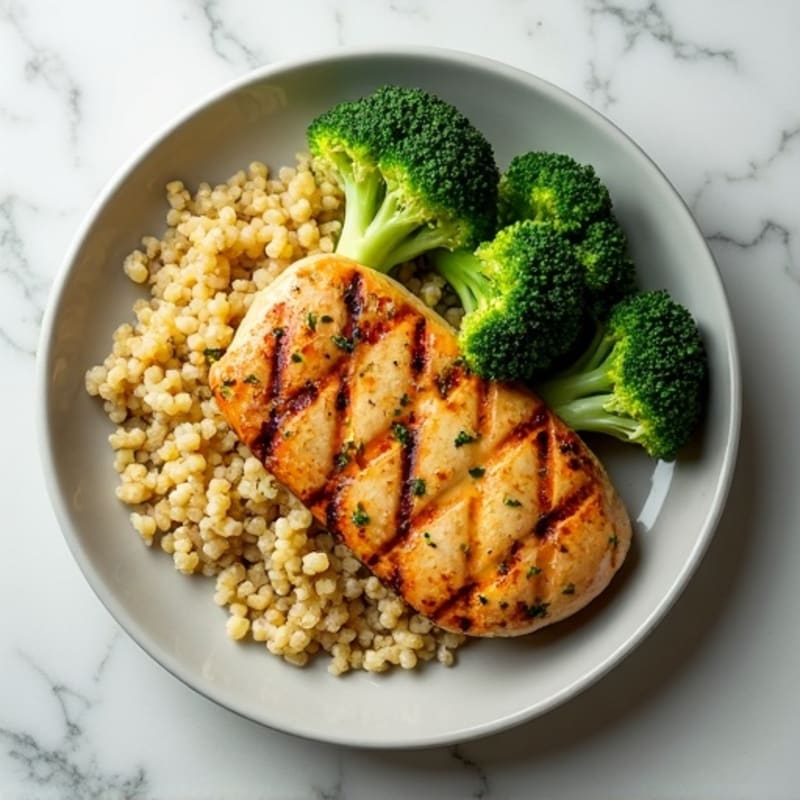 Grilled Lemon Garlic Chicken Breast with Quinoa and Steamed Broccoli
