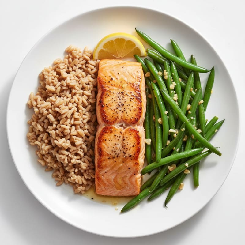 Seared Salmon Filet with Garlic Green Beans and Brown Rice