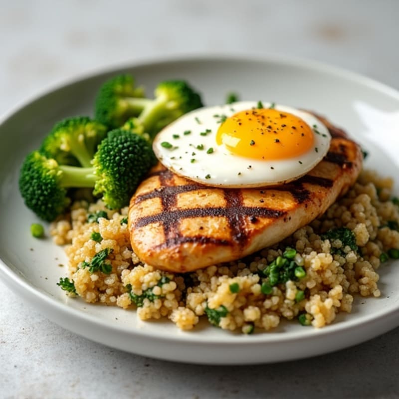 Grilled Chicken Breast with Quinoa and Roasted Broccoli (with Poached Egg)