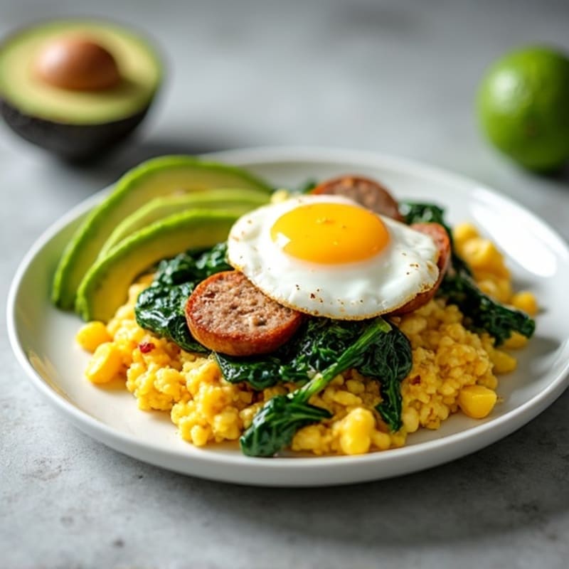 Egg White and Turkey Sausage Scramble with Sautéed Spinach