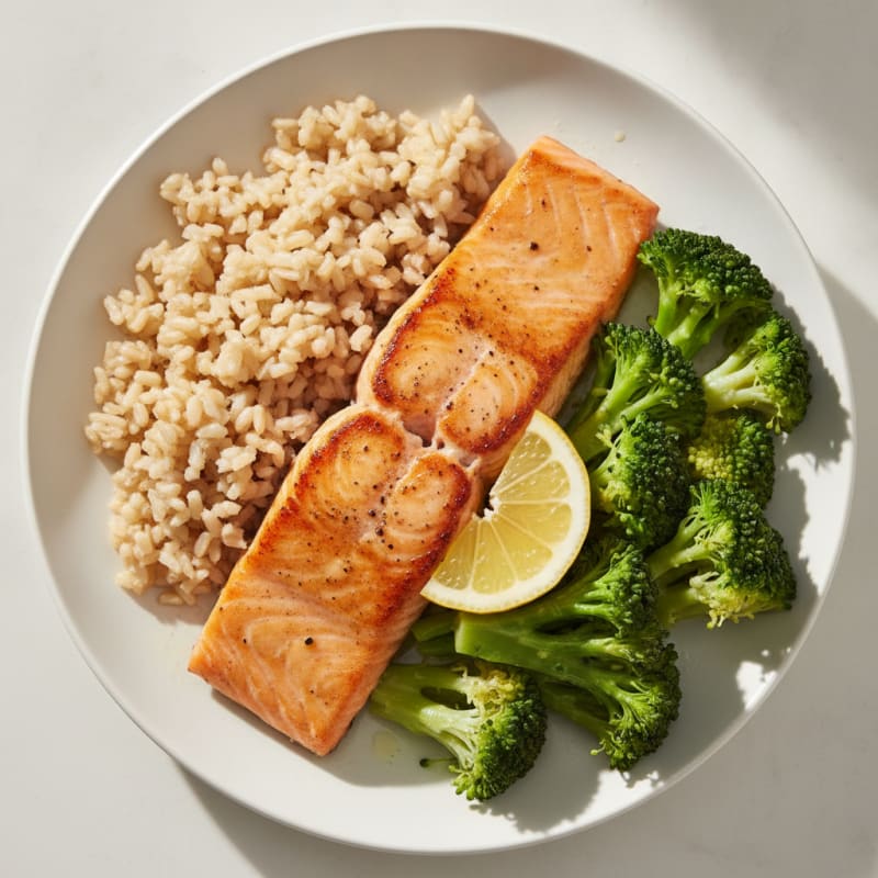 Seared Salmon with Steamed Broccoli and Brown Rice