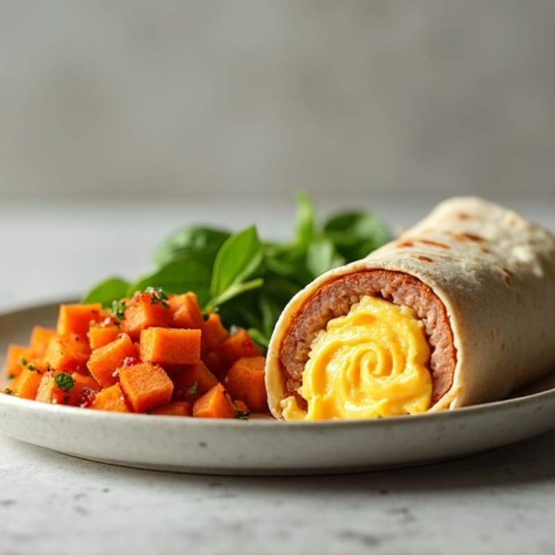 Creamy Scrambled Egg and Lean Turkey Sausage Breakfast Burrito with Crispy Sweet Potato Hash