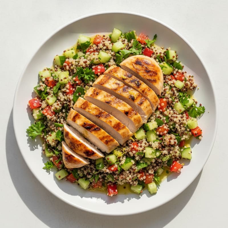 Grilled Chicken Breast with Crunchy Quinoa Salad and Lemon Vinaigrette