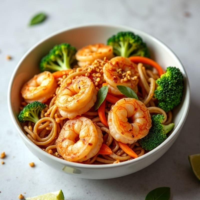 Shrimp with Peanut Lime Noodles and Crispy Vegetables