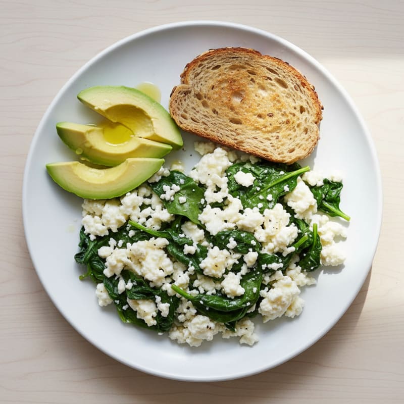 Egg White and Cottage Cheese Scramble with Sautéed Spinach