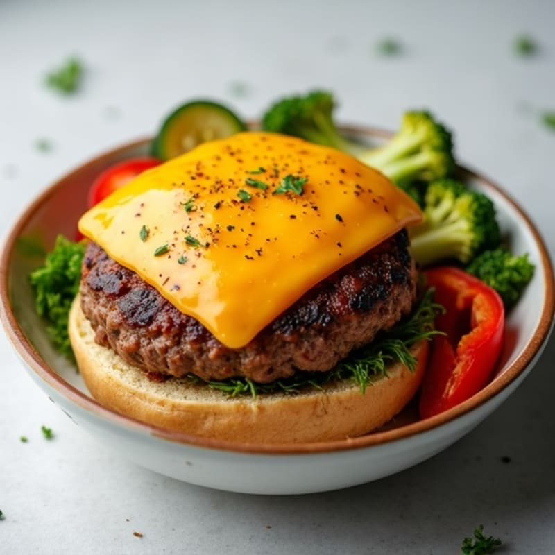 Lean Ground Beef Burger Bowl with Crispy Roasted Vegetables and Melty Cheddar