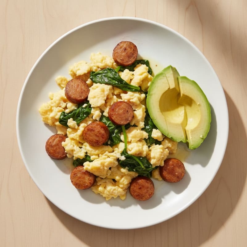 Fluffy Scrambled Eggs with Chicken Sausage and Sautéed Spinach