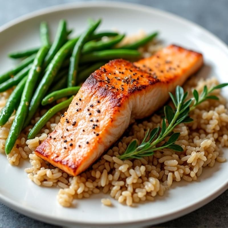 Seared Salmon with Steamed Green Beans and Brown Rice