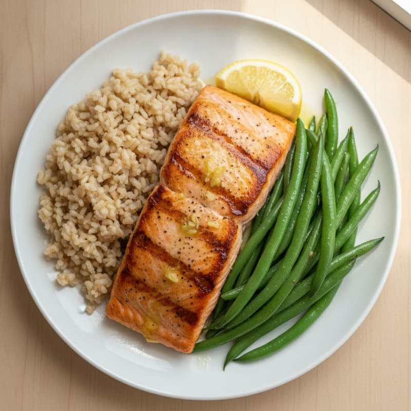 Seared Salmon with Steamed Green Beans and Brown Rice