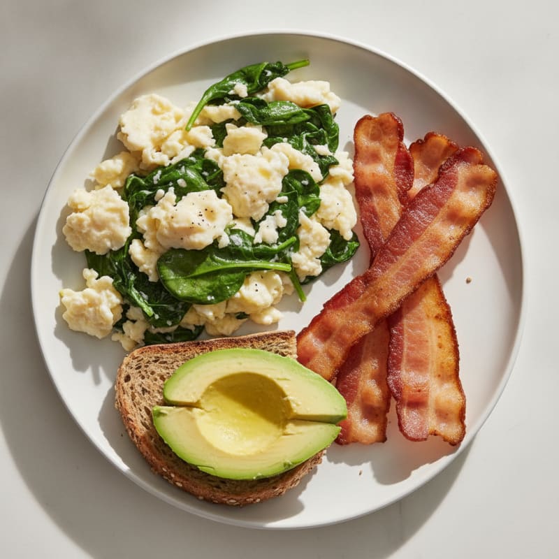 Scrambled Egg Whites with Sautéed Spinach and Turkey Bacon
