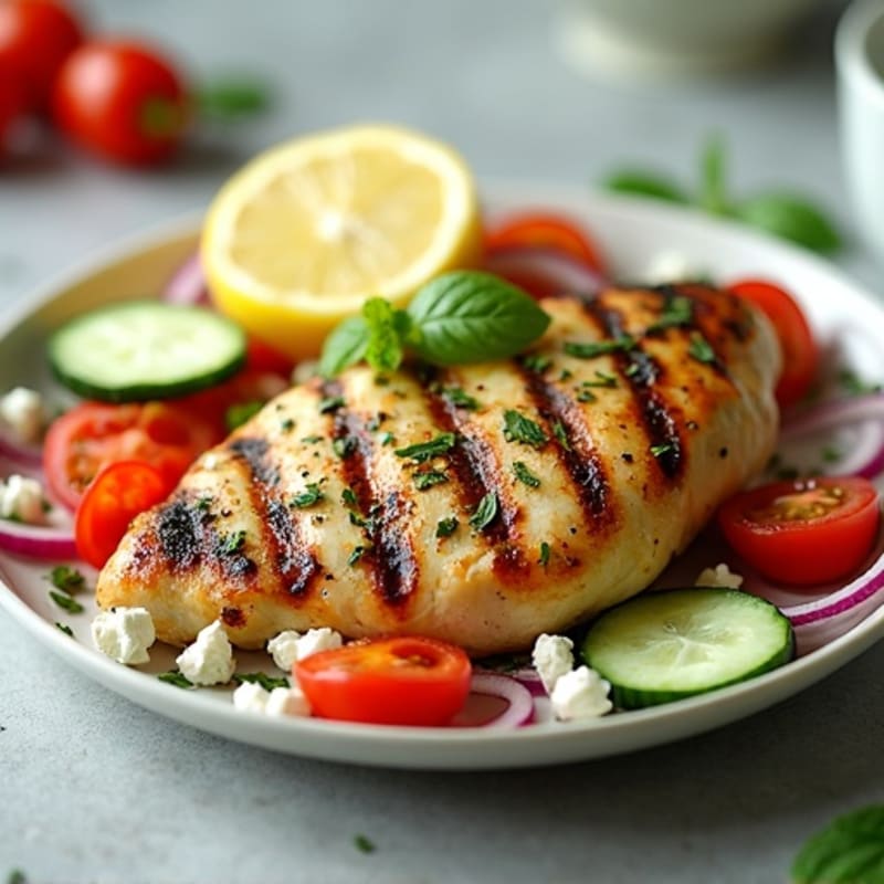 Lemon Herb Grilled Chicken with Crisp Vegetable Feta Salad