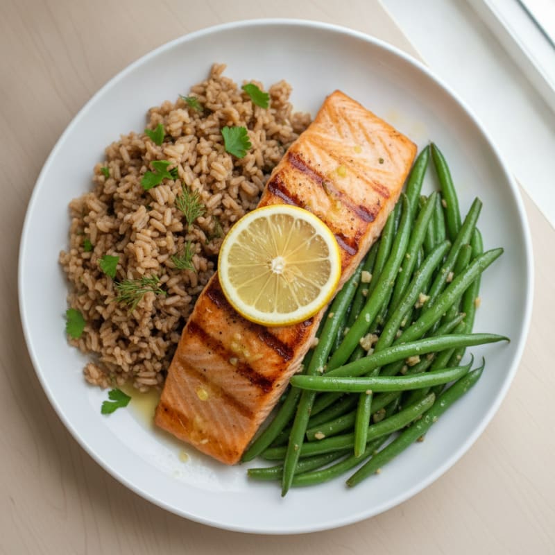 Seared Salmon Fillet with Lemon-Garlic Green Beans and Herb Rice