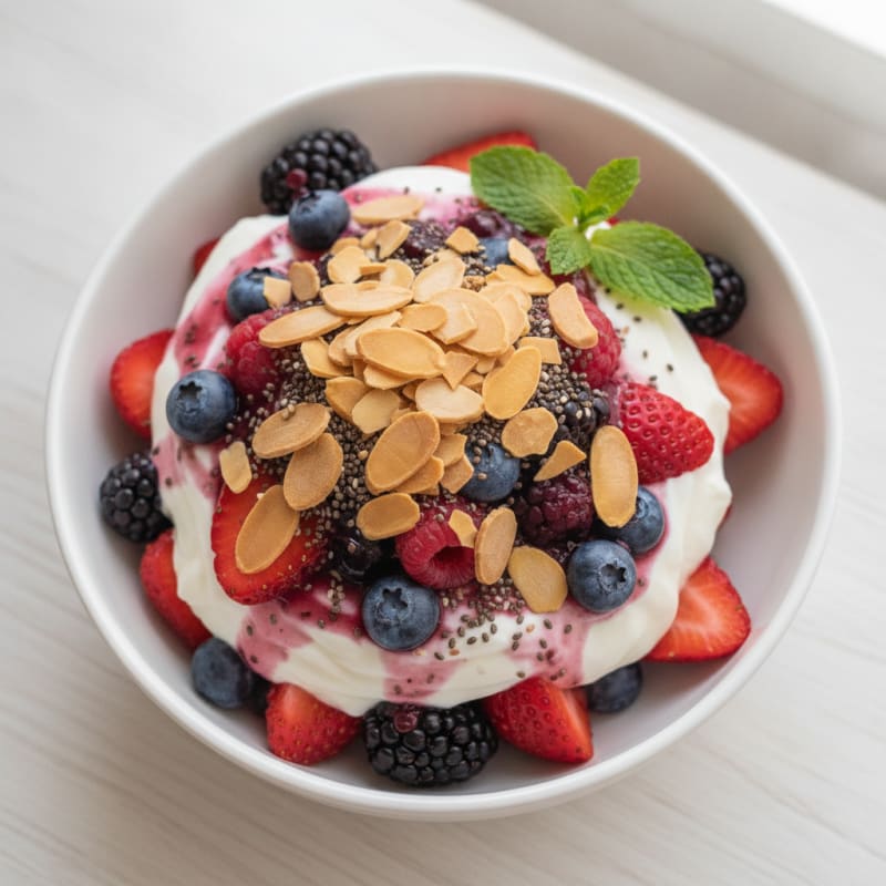 Greek Yogurt Protein Parfait with Mixed Berries and Almonds