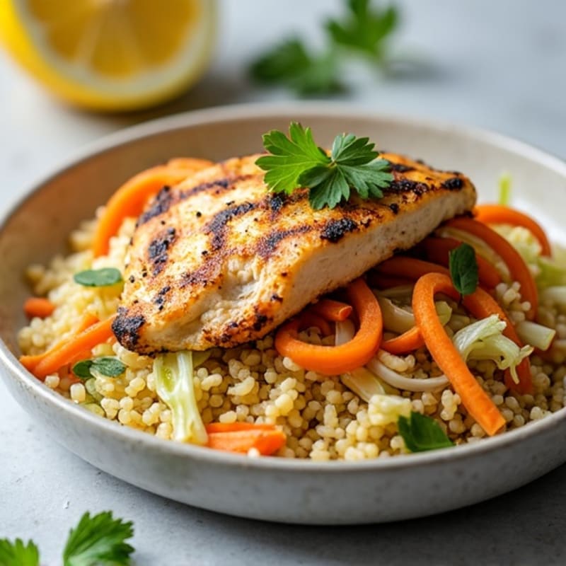 Grilled Chicken Breast with Crunchy Cabbage Slaw and Quinoa