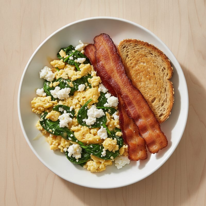 Cottage Cheese Scramble with Spinach and Turkey Bacon