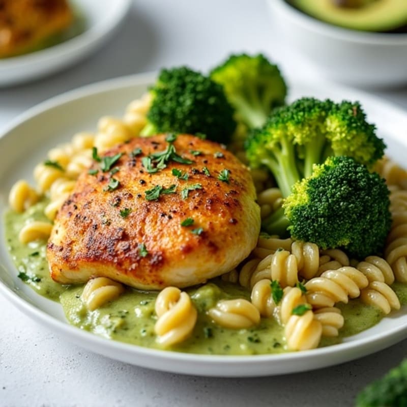 Pan-Seared Chicken Thighs with Roasted Broccoli and Creamy Avocado Pasta