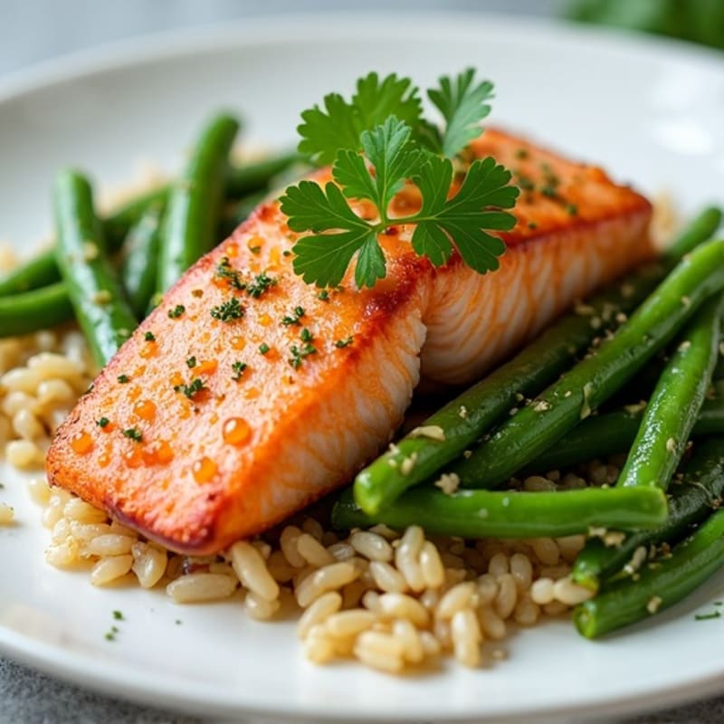 Seared Salmon with Garlic Green Beans and Herbed Brown Rice