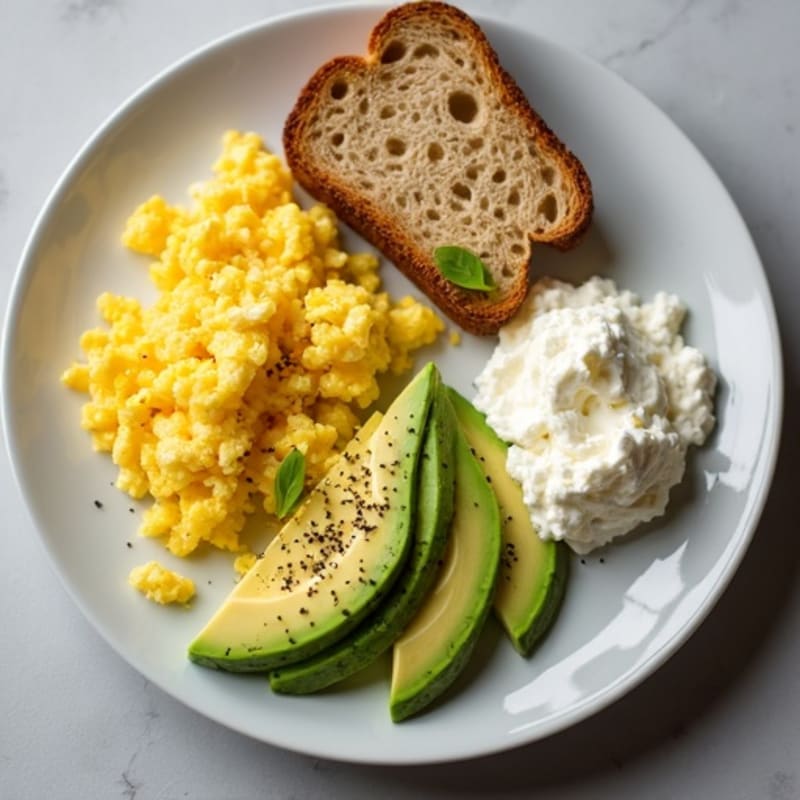 Fluffy Eggs with Creamy Avocado, Cottage Cheese, and Crispy Sourdough