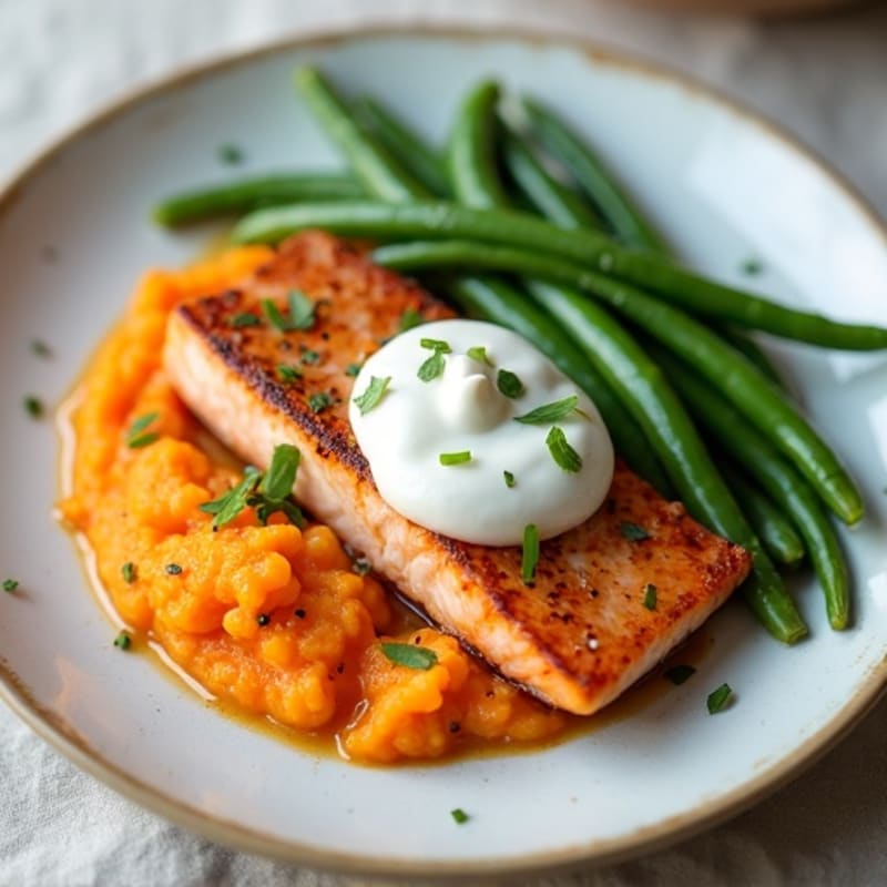 Seared Salmon with Garlic Green Beans and Sweet Potato Mash