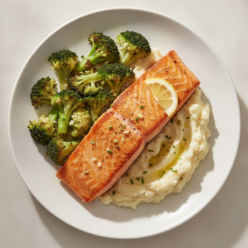 Seared Salmon Fillet with Roasted Broccoli and Garlic Mashed Cauliflower