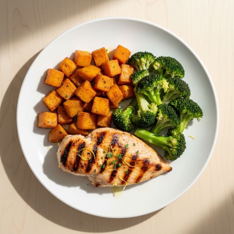 Grilled Chicken Breast with Roasted Sweet Potatoes and Steamed Broccoli