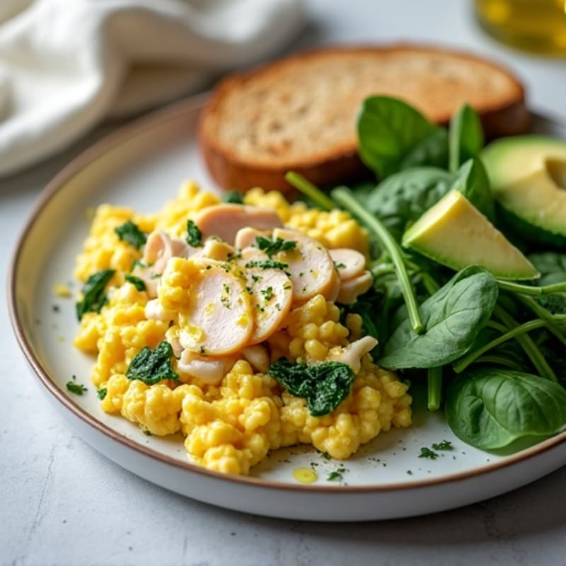 Egg White and Spinach Scramble with Cottage Cheese and Sliced Turkey