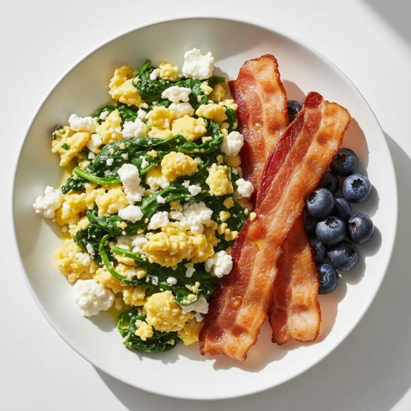 Cottage Cheese Egg Scramble with Spinach and Turkey Bacon