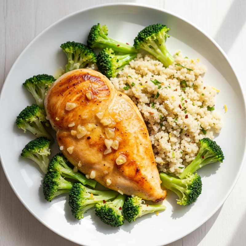 Seared Lemon-Garlic Chicken Breast with Quinoa and Steamed Broccoli