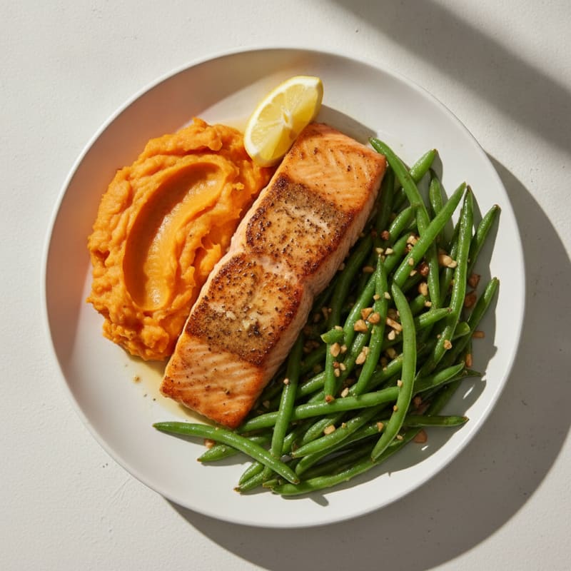 Seared Salmon with Garlic Green Beans and Mashed Sweet Potatoes