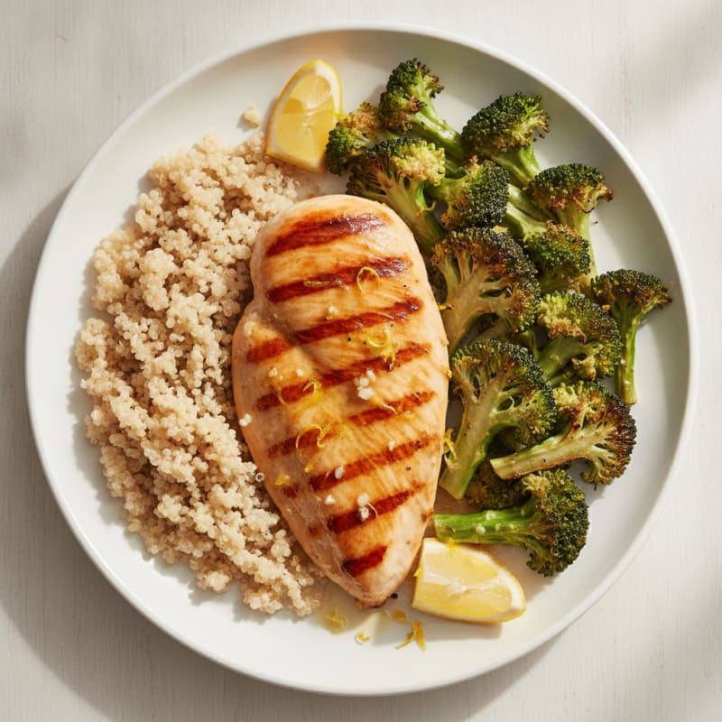 Grilled Lemon-Garlic Chicken Breast with Quinoa and Roasted Broccoli