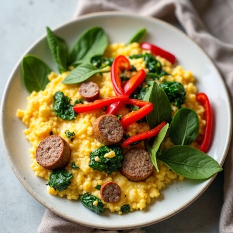 Egg White and Turkey Sausage Scramble with Spinach and Bell Pepper