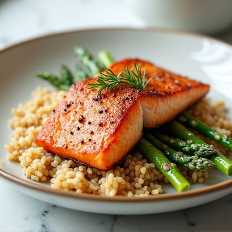 Seared Salmon with Steamed Asparagus and Brown Rice
