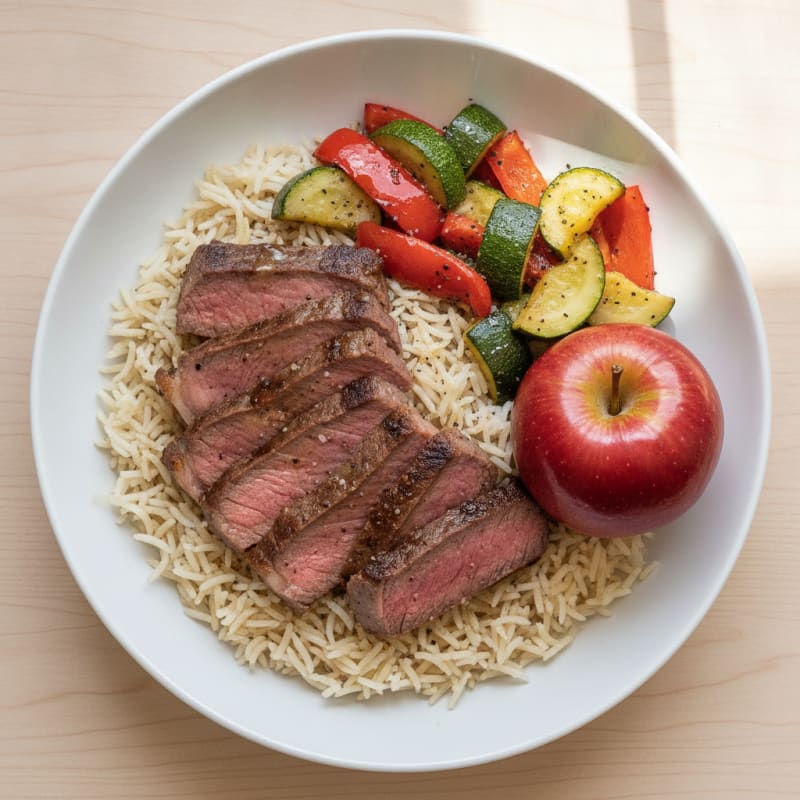 Halal Steak Rice Bowl with Roasted Vegetables