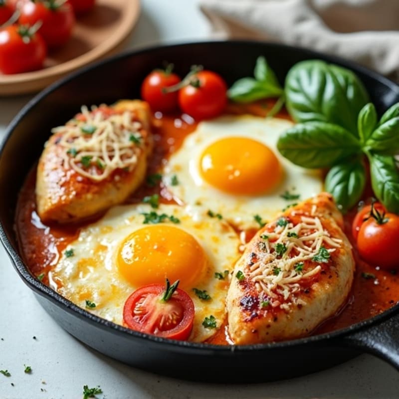 Baked Chicken and Egg Skillet with Burst Tomatoes and Melty Cheese