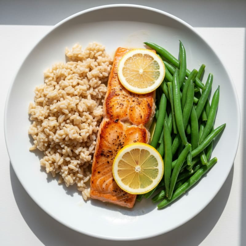 Seared Salmon Fillet with Steamed Green Beans and Brown Rice