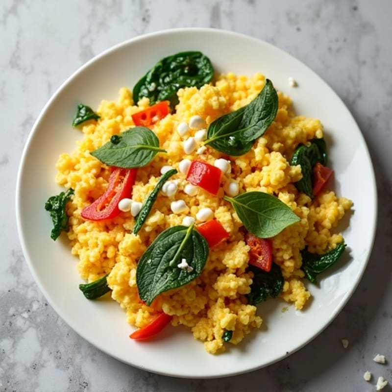 Hearty Scrambled Eggs with Cottage Cheese, Spinach, and Bell Peppers