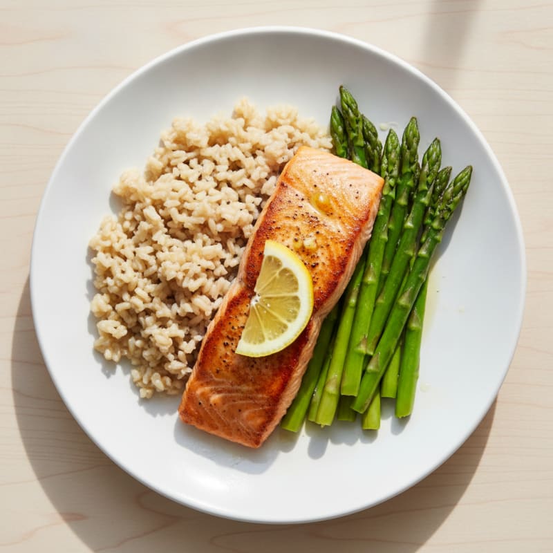Seared Salmon with Steamed Asparagus and Brown Rice