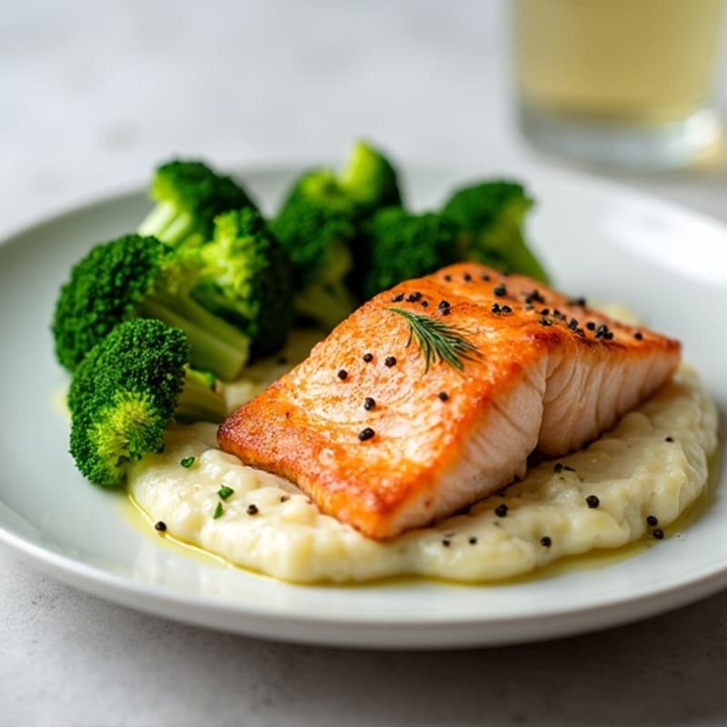 Seared Salmon with Steamed Broccoli and Garlic Cauliflower Mash