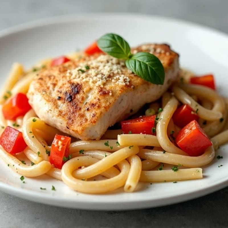 Seared Chicken Breast with Creamy Garlic Pasta and Sautéed Bell Peppers