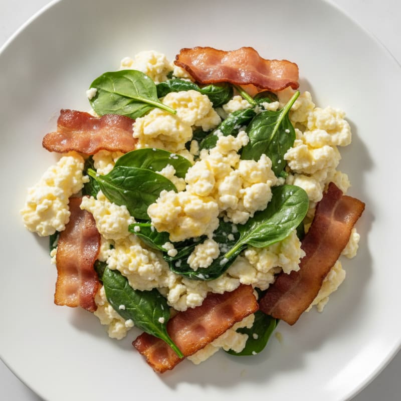 Cottage Cheese Egg Scramble with Spinach and Turkey Bacon