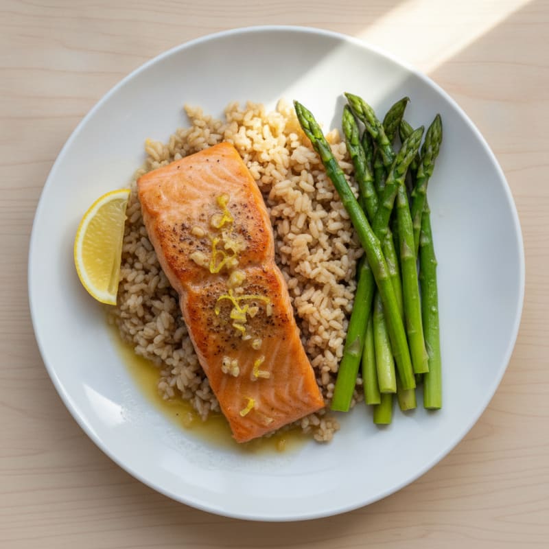 Baked Salmon Fillet with Steamed Asparagus and Brown Rice