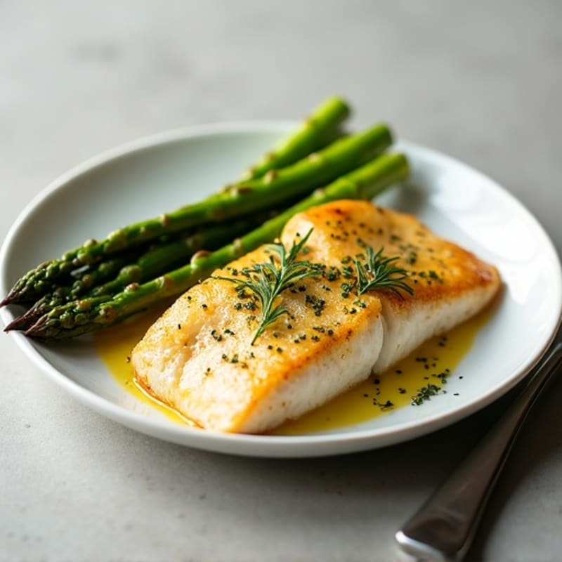 Pan-Seared Hake with Lemon-Garlic Asparagus