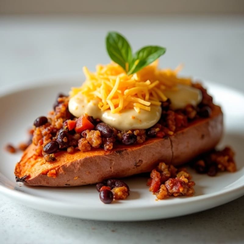 Roasted Sweet Potato with Lean Turkey Chili and Creamy Cheesy Sauce