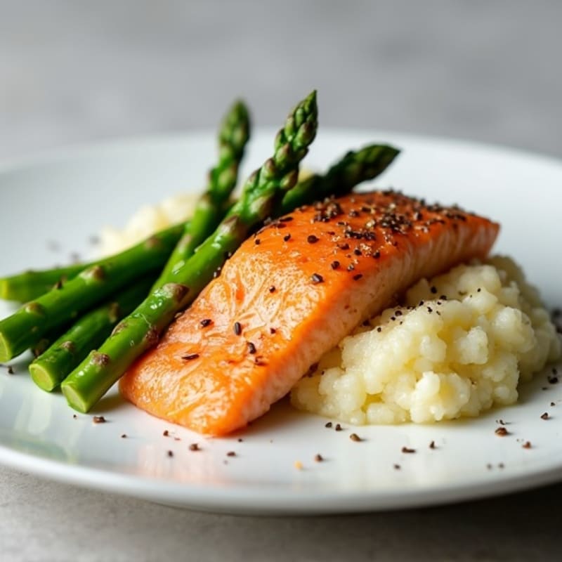 Seared Salmon with Steamed Asparagus and Cauliflower Mash