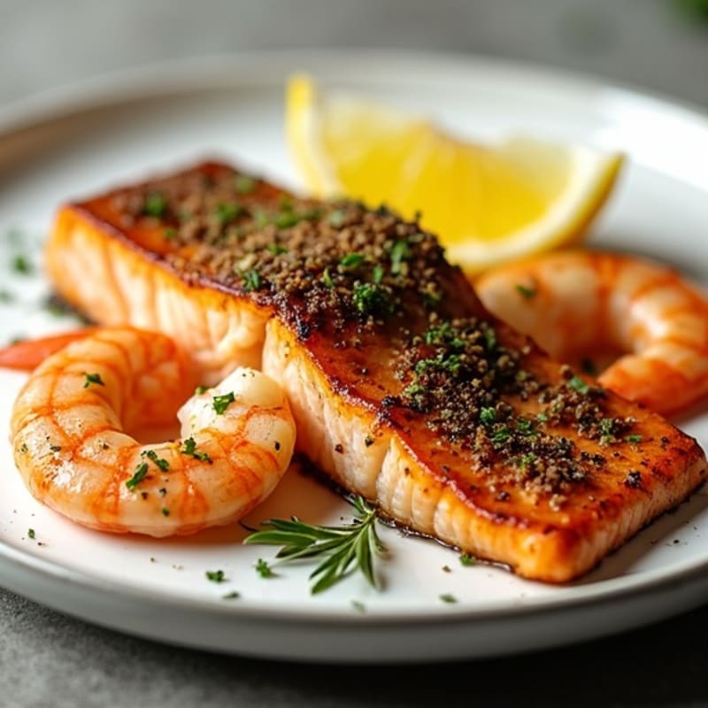 Herb-Crusted Pan Seared Salmon with Garlic Shrimp